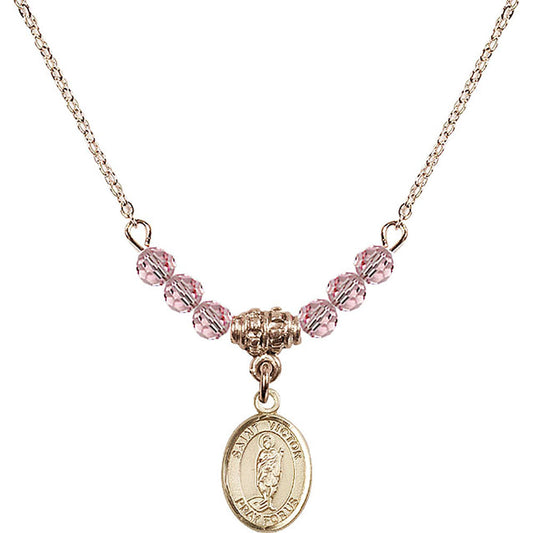 14kt Gold Filled Saint Victor of Marseilles Birthstone Necklace with Light Rose Beads - 9223