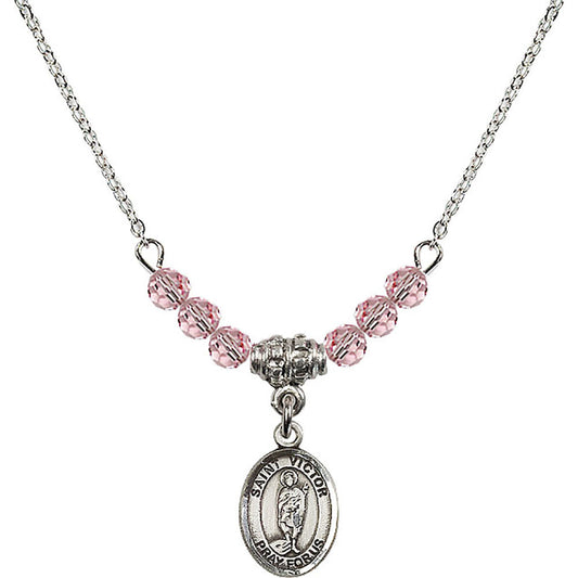 Sterling Silver Saint Victor of Marseilles Birthstone Necklace with Light Rose Beads - 9223
