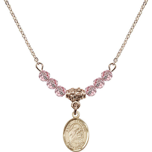 14kt Gold Filled Saint Aloysius Gonzaga Birthstone Necklace with Light Rose Beads - 9225