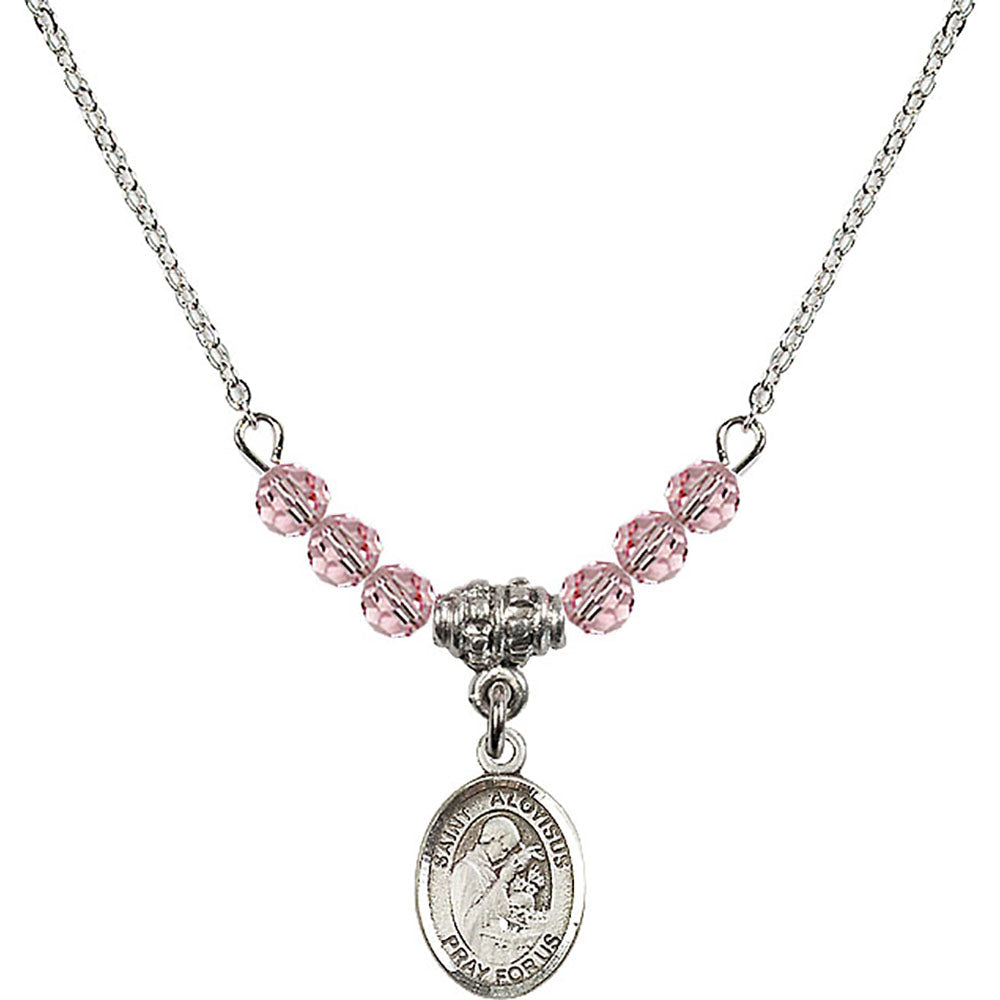 Sterling Silver Saint Aloysius Gonzaga Birthstone Necklace with Light Rose Beads - 9225