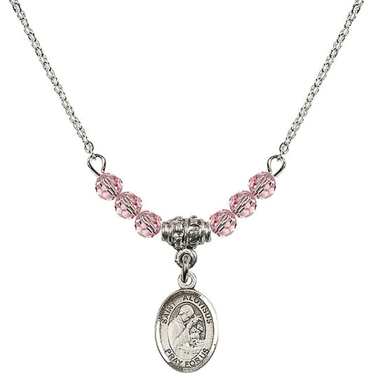 Sterling Silver Saint Aloysius Gonzaga Birthstone Necklace with Light Rose Beads - 9225