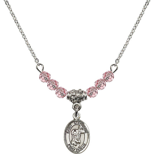 Sterling Silver Saint Stephanie Birthstone Necklace with Light Rose Beads - 9228