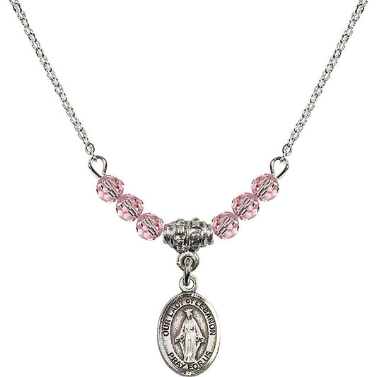Sterling Silver Our Lady of Lebanon Birthstone Necklace with Light Rose Beads - 9229