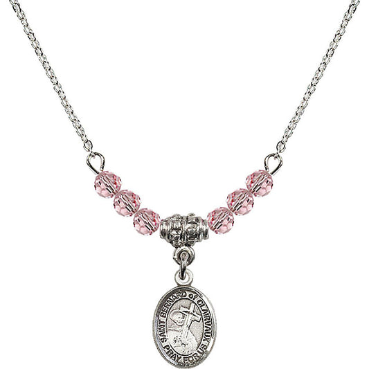 Sterling Silver Saint Bernard of Clairvaux Birthstone Necklace with Light Rose Beads - 9233