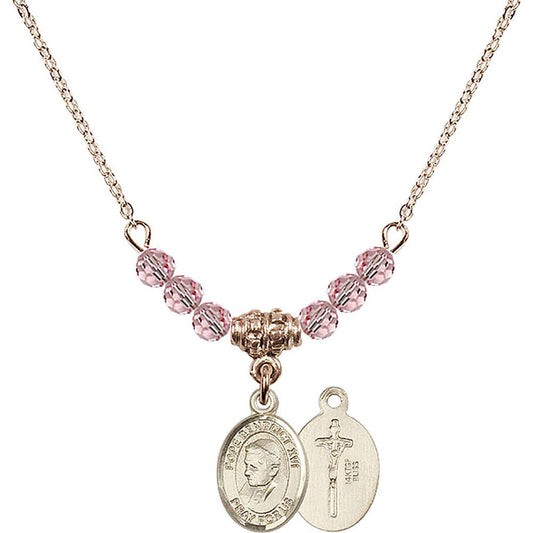 14kt Gold Filled Pope Emeritace Benedict XVI Birthstone Necklace with Light Rose Beads - 9235