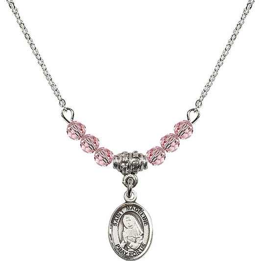 Sterling Silver Saint Madeline Sophie Barat Birthstone Necklace with Light Rose Beads - 9236