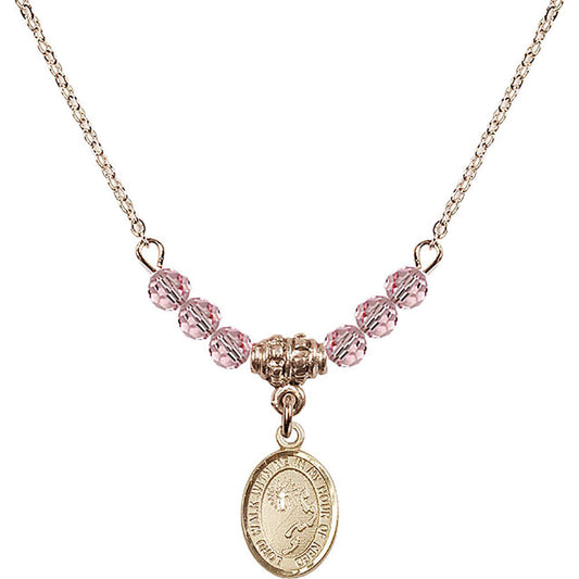 14kt Gold Filled Footprints / Cross Birthstone Necklace with Light Rose Beads - 9237