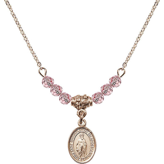 14kt Gold Filled Saint Bartholomew the Apostle Birthstone Necklace with Light Rose Beads - 9238