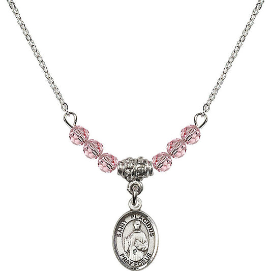 Sterling Silver Saint Placidus Birthstone Necklace with Light Rose Beads - 9240