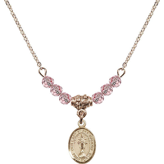14kt Gold Filled Our Lady of All Nations Birthstone Necklace with Light Rose Beads - 9242