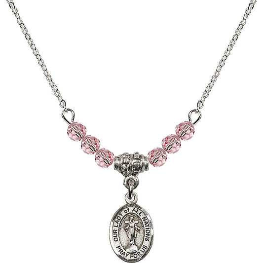 Sterling Silver Our Lady of All Nations Birthstone Necklace with Light Rose Beads - 9242