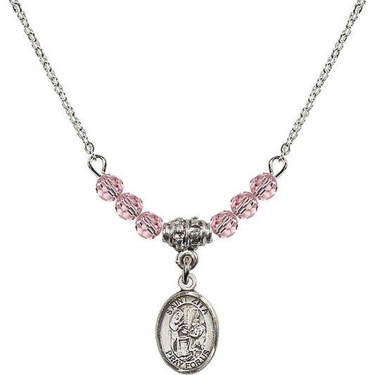 Sterling Silver Saint Zita Birthstone Necklace with Light Rose Beads - 9244