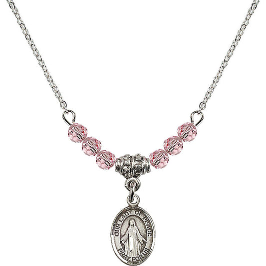 Sterling Silver Our Lady of Peace Birthstone Necklace with Light Rose Beads - 9245