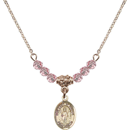 14kt Gold Filled Our Lady of Knock Birthstone Necklace with Light Rose Beads - 9246