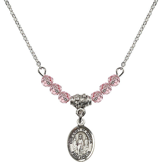 Sterling Silver Our Lady of Knock Birthstone Necklace with Light Rose Beads - 9246