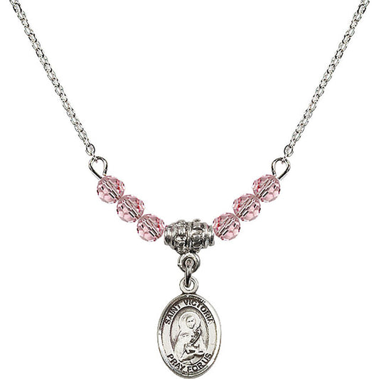 Sterling Silver Saint Victoria Birthstone Necklace with Light Rose Beads - 9253