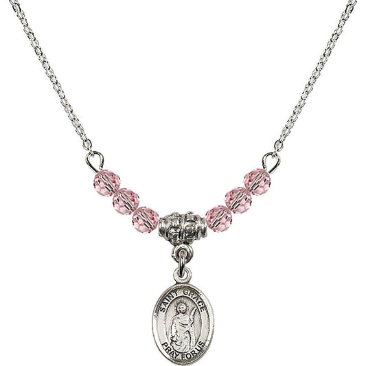 Sterling Silver Saint Grace Birthstone Necklace with Light Rose Beads - 9255