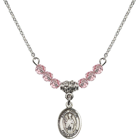 Sterling Silver Saint Austin Birthstone Necklace with Light Rose Beads - 9256