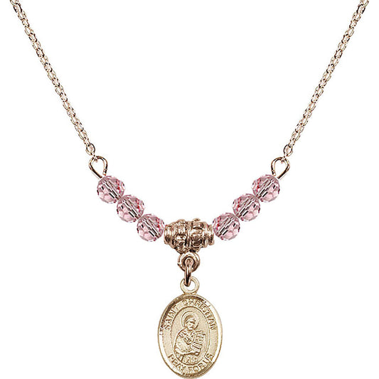 14kt Gold Filled Saint Christian Demosthenes Birthstone Necklace with Light Rose Beads - 9257