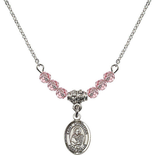 Sterling Silver Saint Christian Demosthenes Birthstone Necklace with Light Rose Beads - 9257