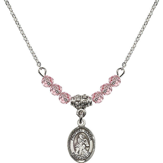 Sterling Silver Saint Isaiah Birthstone Necklace with Light Rose Beads - 9258