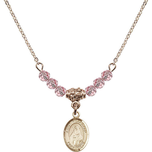 14kt Gold Filled Saint Hildegard von Bingen Birthstone Necklace with Light Rose Beads - 9260