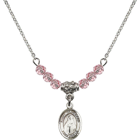 Sterling Silver Saint Hildegard von Bingen Birthstone Necklace with Light Rose Beads - 9260