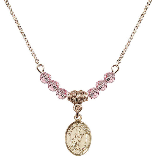 14kt Gold Filled Saint Tarcisius Birthstone Necklace with Light Rose Beads - 9261