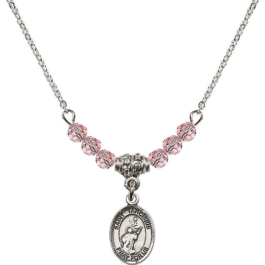 Sterling Silver Saint Tarcisius Birthstone Necklace with Light Rose Beads - 9261