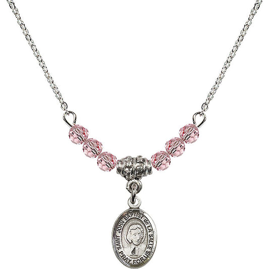 Sterling Silver Saint John Baptist de la Salle Birthstone Necklace with Light Rose Beads - 9262