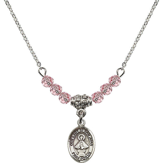 Sterling Silver Our Lady of San Juan Birthstone Necklace with Light Rose Beads - 9263