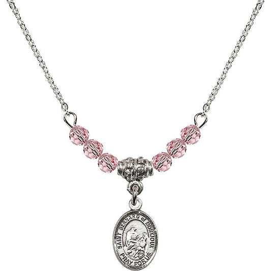 Sterling Silver Saint Bernard of Montjoux Birthstone Necklace with Light Rose Beads - 9264
