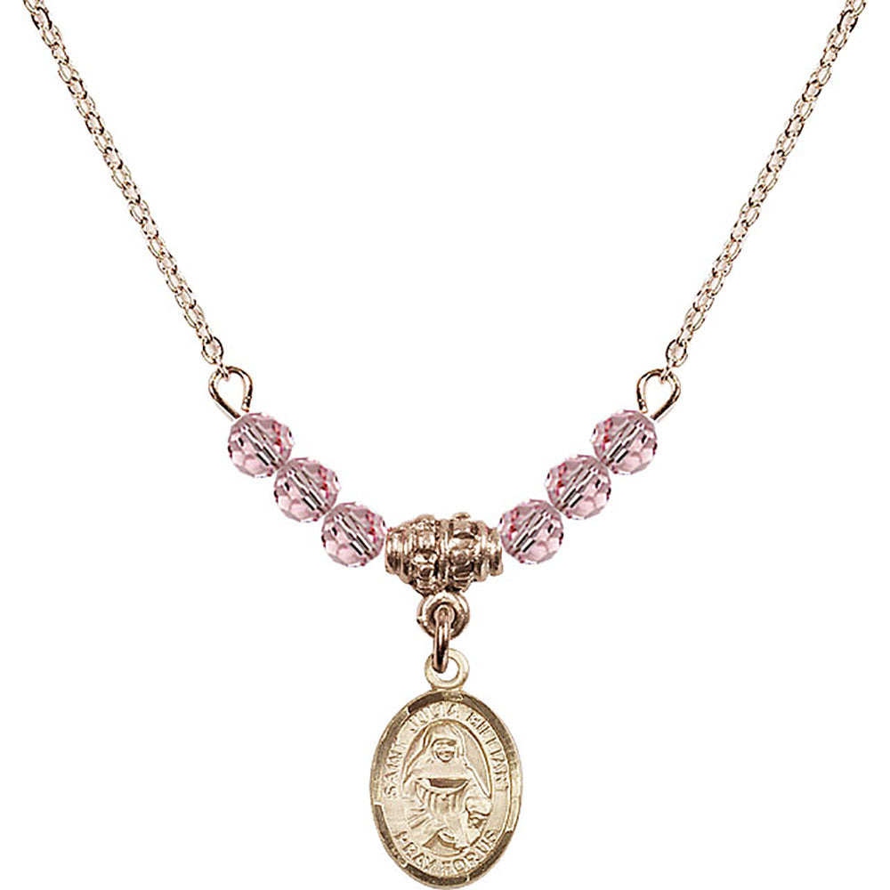 14kt Gold Filled Saint Julia Billiart Birthstone Necklace with Light Rose Beads - 9267