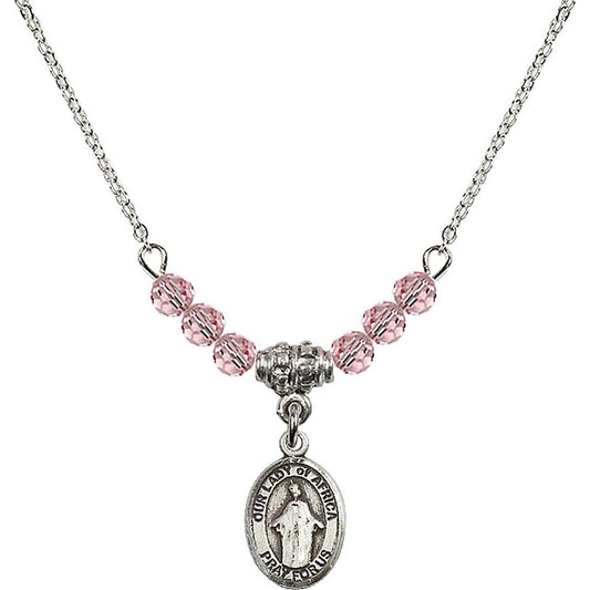 Sterling Silver Our Lady of Africa Birthstone Necklace with Light Rose Beads - 9269