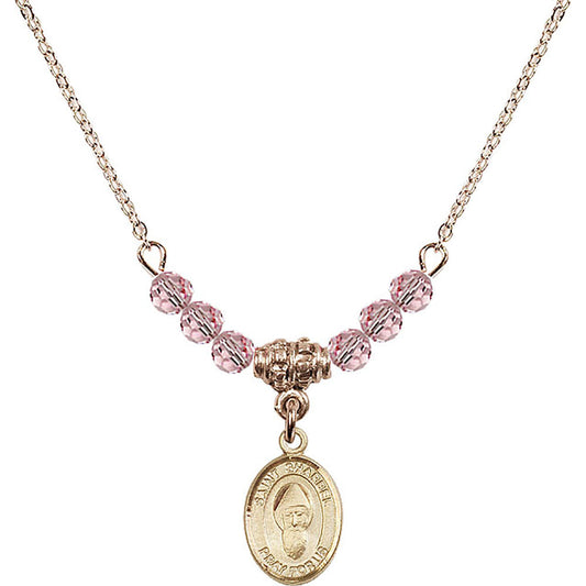 14kt Gold Filled Saint Sharbel Birthstone Necklace with Light Rose Beads - 9271