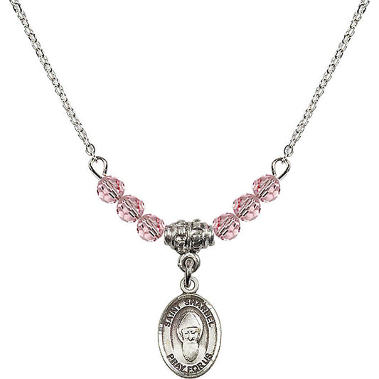 Sterling Silver Saint Sharbel Birthstone Necklace with Light Rose Beads - 9271