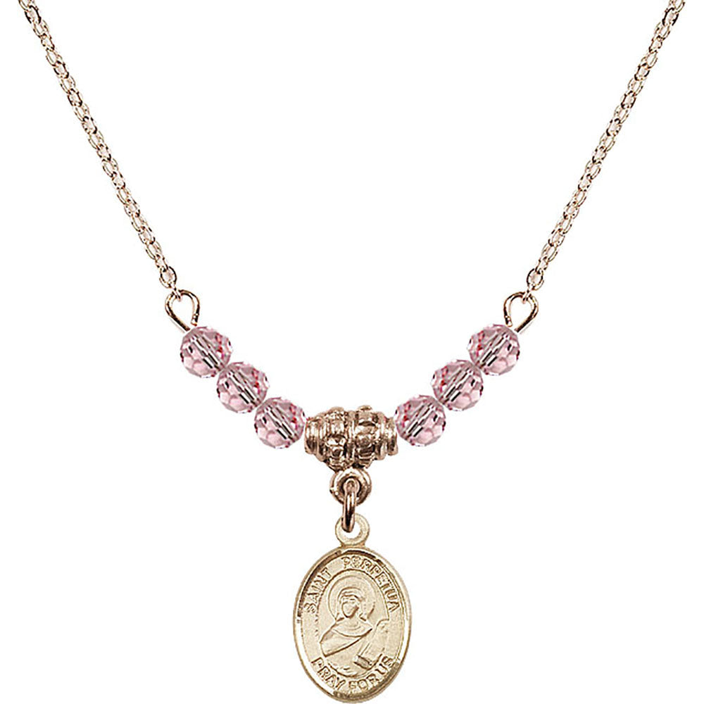 14kt Gold Filled Saint Perpetua Birthstone Necklace with Light Rose Beads - 9272