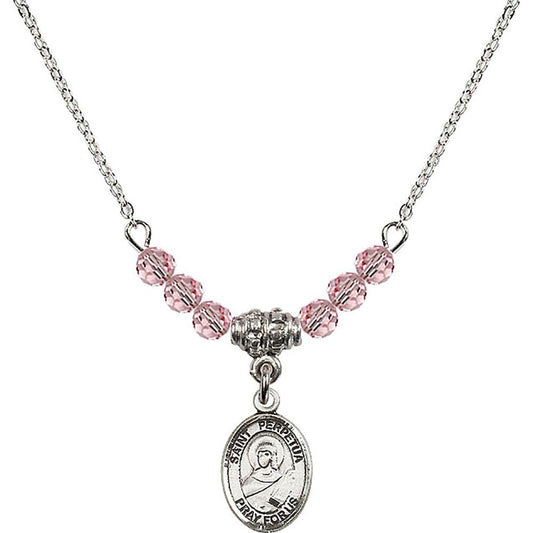 Sterling Silver Saint Perpetua Birthstone Necklace with Light Rose Beads - 9272