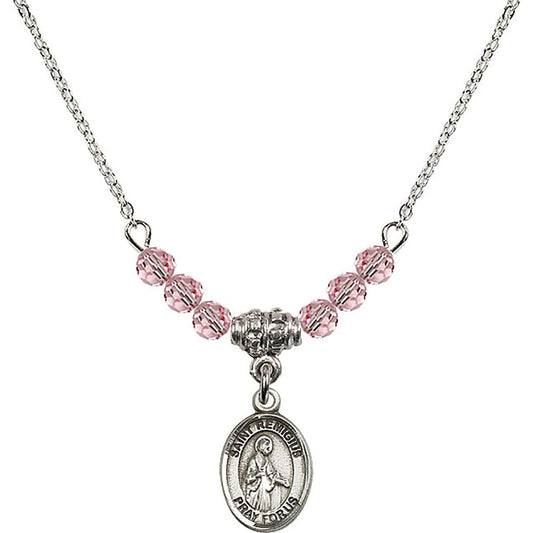Sterling Silver Saint Remigius of Reims Birthstone Necklace with Light Rose Beads - 9274