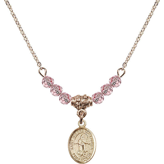 14kt Gold Filled Saint Isidore the Farmer Birthstone Necklace with Light Rose Beads - 9276