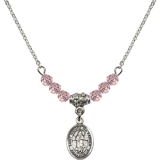 Sterling Silver Saint Isidore the Farmer Birthstone Necklace with Light Rose Beads - 9276