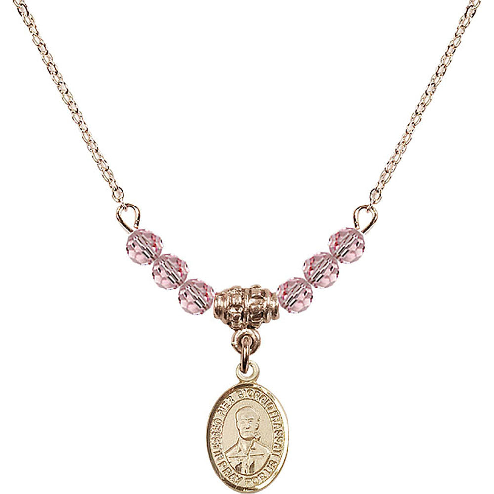 14kt Gold Filled Blessed Pier Giorgio Frassati Birthstone Necklace with Light Rose Beads - 9278