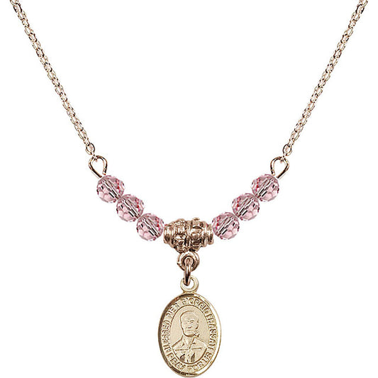 14kt Gold Filled Blessed Pier Giorgio Frassati Birthstone Necklace with Light Rose Beads - 9278