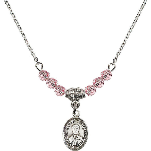 Sterling Silver Blessed Pier Giorgio Frassati Birthstone Necklace with Light Rose Beads - 9278