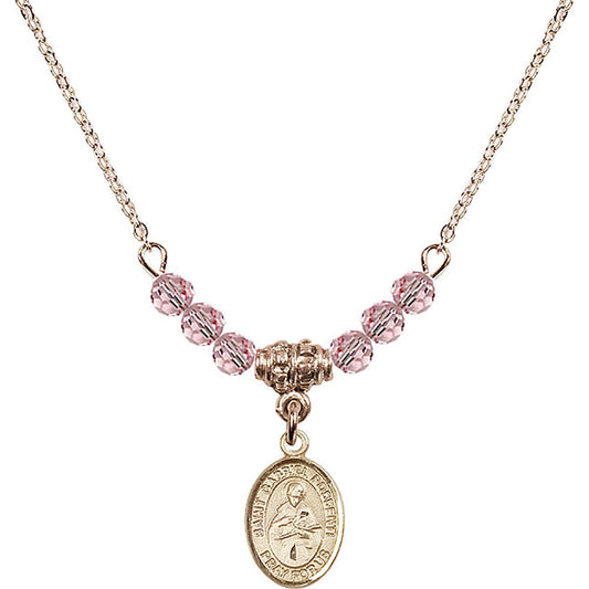 14kt Gold Filled Saint Gabriel Possenti Birthstone Necklace with Light Rose Beads - 9279