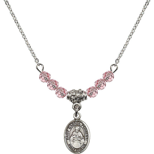 Sterling Silver Saint Gabriel Possenti Birthstone Necklace with Light Rose Beads - 9279
