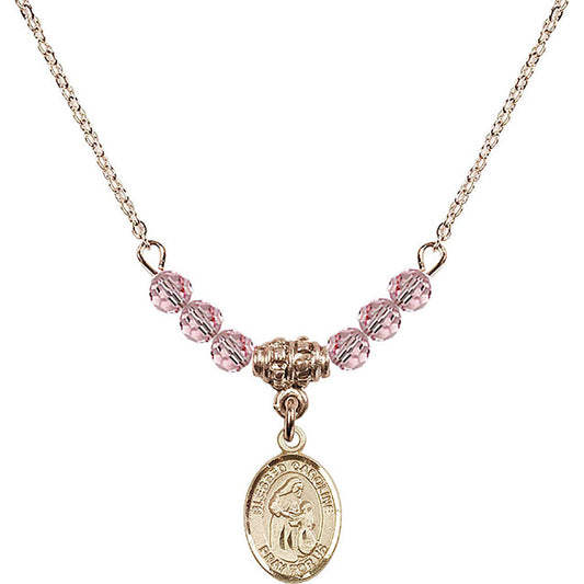 14kt Gold Filled Blessed Caroline Gerhardinger Birthstone Necklace with Light Rose Beads - 9281