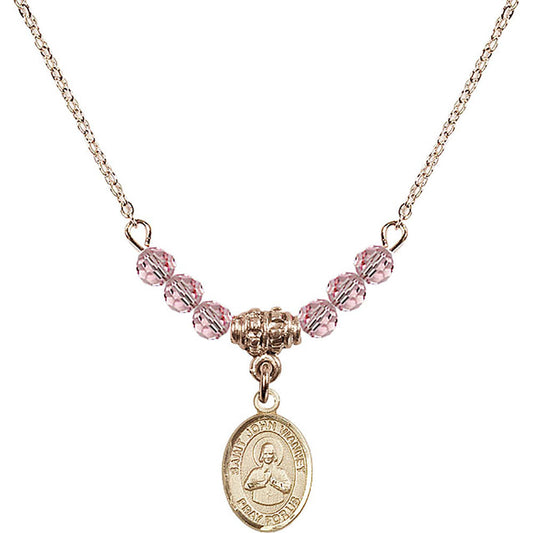 14kt Gold Filled Saint John Vianney Birthstone Necklace with Light Rose Beads - 9282