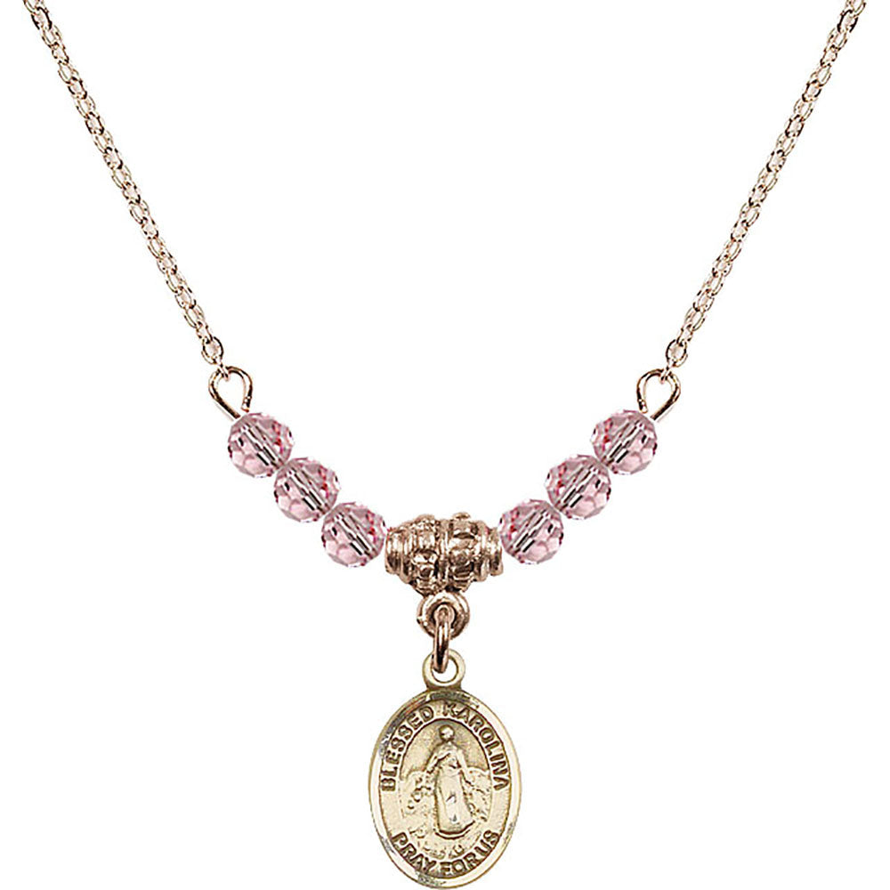 14kt Gold Filled Blessed Karolina Kozkowna Birthstone Necklace with Light Rose Beads - 9283
