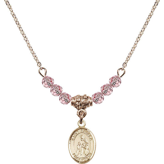 14kt Gold Filled Saint Angela Merici Birthstone Necklace with Light Rose Beads - 9284